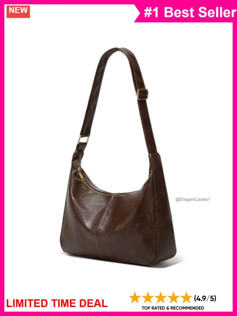 PU Leather Slouchy Hobo Shoulder Bag Adjustable Strap Everyday Purse